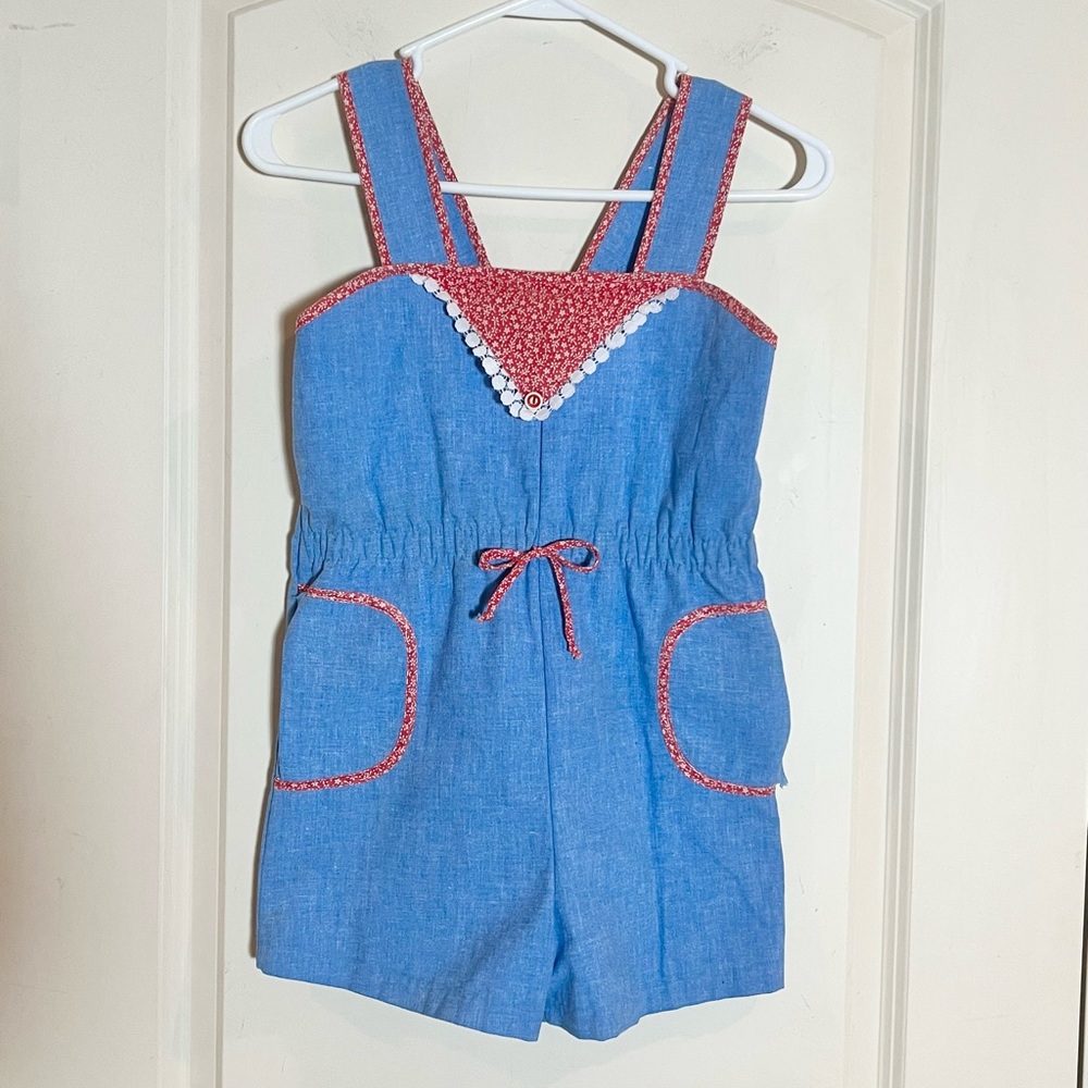 Vintage 1970s Girls Chambray Blue Romper Red Calico Floral Trim Handmade